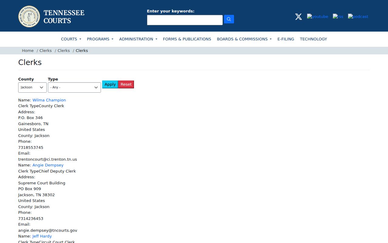 Jackson County criminal court case clerk directory