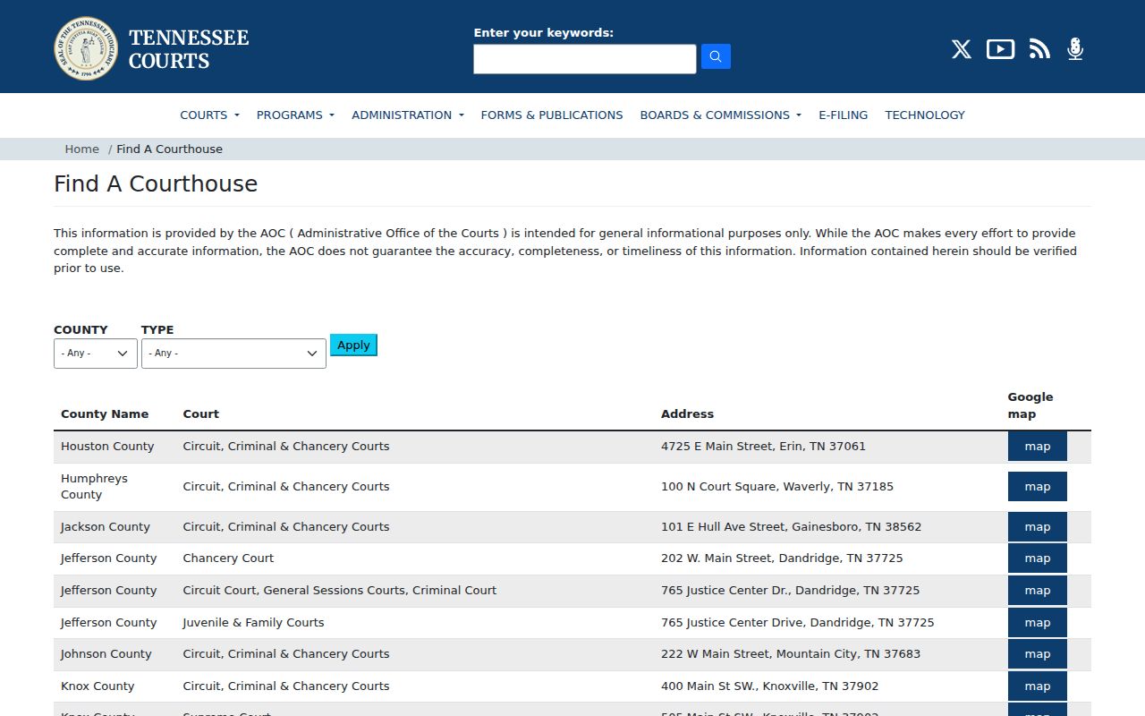 Tennessee courthouse finder for Jackson County criminal court cases