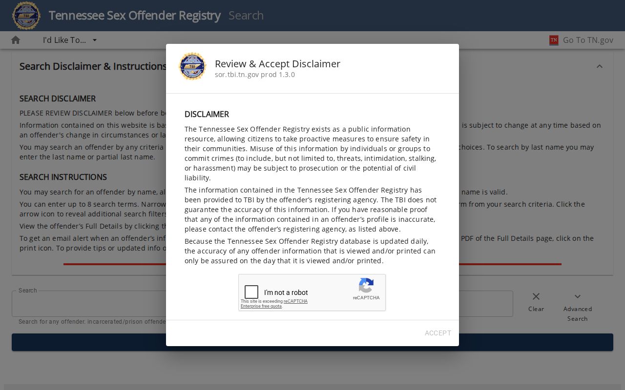 Jackson County sex offender search controls on the Tennessee registry